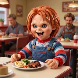 screaming chucky doll having lunch in a restaurant by greg rutkowski and thomas kinkade, trending on artstation, 3 d render octane