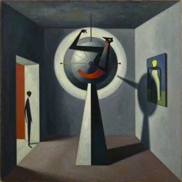melancholic complex suprematism painting of quetzalcoatl working on an sphere machine in height by malevich, throwing hard long shadows in complex construct room by oskar schlemmer, edward hopper vibe, liminal space, oil on canvas