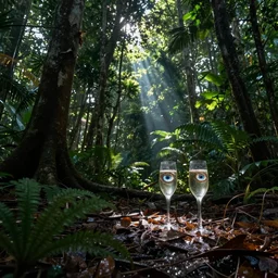 dark tropical forest, life, sparkling spirits, detailed wide shot, photograph, ground detailed, wet eyes reflecting into eyes reflecting into infinity, beautiful lighting