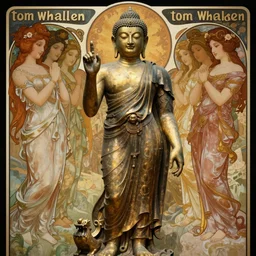 poster of ( ( an ancient creature ) ) buddhist portrait, ( buddha ) pointing stance, group of female godesses in background, highly detailed, concept art, trending on artstation, cinematic lighting, by ( ( tom whalen ) ), by alphonse mucha, by artgerm