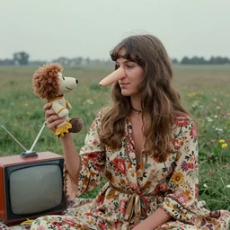 1970 hippie woman on tv show with a long prosthetic nose, wearing a floral robe in a meadow 1970 color archival footage color film 16mm holding a hand puppet Fellini Almodovar John Waters Russ Meyer Doris Wishman