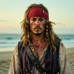 photo portrait of an rugged albino african pirate with a red headband | brown vest | young adult stong, small blonde mustache, afro blonde hair, stern face, rugged and dirty outdoors at a beach, cinematic lighting at sundawn outdoors, movie color grading