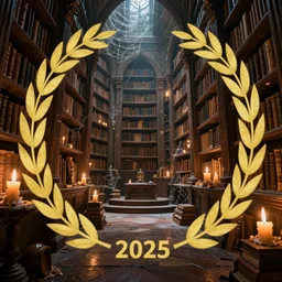 A photo of a fantasy like library with burning candles and cobwebs, digital art