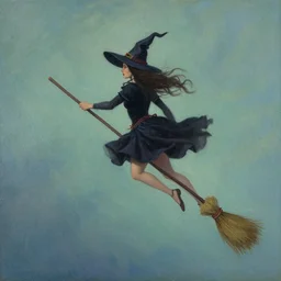 a witch. floating in the sky with a broomstick. she wear a short dark skirt. painted by barbara canepa and alessandro barbucci and tony sandoval.