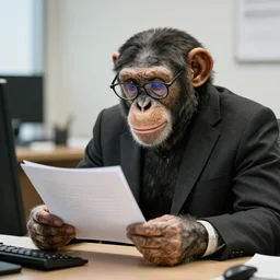 photo of a real chimpanzee in a suit and glasses, reading a document at a desk in an office. Highly detailed 8k. Intricate. Sony a7r iv 55mm. Award winning.