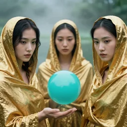 a color photograph, closeup portrait of three women wrapped in gold, the three fates, standing next to a levitating turquoise orb, in a misty pond, color photograph, by vincent desiderio, canon eos c 3 0 0, ƒ 1. 8, 3 5 mm, 8 k, medium - format print