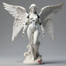 a statue made of white marble, lots of blood, of an gorgeous futuristic cybernetic angel girl, prostheses, transhumanism, full body shot, perfect symmetrical body, perfect symmetrical face, hyper realistic, hyper detailed, by johannen voss, by peter kemp, by monia merlo, by michelangelo, octane render, blender, 8 k