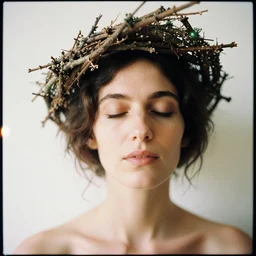 A color analog head and shoulder portrait photography of a woman wearing a twig crown by Annie Leibovitz. eyes closed. white wall background. Agfa Vista 800 film. detailed. hq. realistic. warm light. muted colors. lens flare. photoreal.