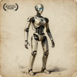 technical drawing of ancient womanized humanoid robot, old paper, photorealistic