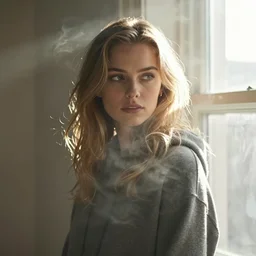 very very beautiful photograph of emily skinner looking like annie leonhart in a hoodie standing next to a window god rays shining on her from the sunlight, volumetric fog, smoke, depth of field, beautiful composition, very very very beautifull face, on artstation and instagram
