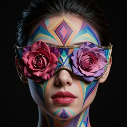 a pretty woman face, skin as colorful geometric patterns, half masked by rose, intricate, symmetrical, volumetric dramatic light, dark black background, sharp focus, highly realistic, octane render