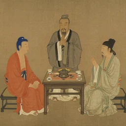 meeting between the buddha, confucius and lao tze, song dynasty painting on wood