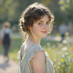 a beautiful young girl dressed in 1 9 2 0 s fashion, brown hair, slim, fair, turning her head and smiling, in the sun, out of focus, backlit, close up, oil on canvas, by monet, in the style of le promenade