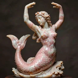 intricate and detailed dancing Mermaid statue made on polished pink marble by Antonio Corradini