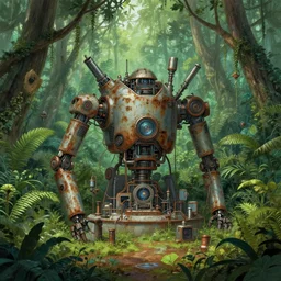 an rusted high tech cybernetics laboratory in the middle of a lush rainforest, by greg rutkowski and james gurney, trending on artstation