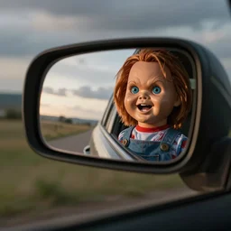a screaming chucky doll in rear view mirror