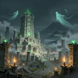ancient city of white stone, night sky, green lights, torchlights, volcano fog, flying souls, ghosts, tonal colors, epic scale, dramatic lighting, detailed illustration, hd, 4k, digital art, overdetailed art, concept art, post processing, no blur, detailed illustration, hd, 4k, digital art, overdetailed art, concept art, trending on artstation, trending on artstation, environment highly detailed