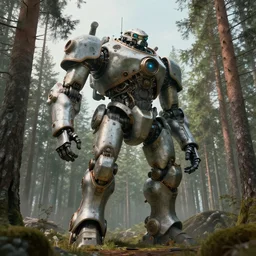 steampunk colossal mech standing in a swedish forest, very low angle photograph, trending on artstation, realistic, soft colors, simon stålenhag