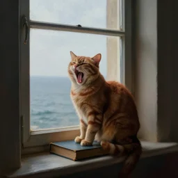 medium - shot, moody reddish cat yawning, sits on a book that lays on a window - sill, sea outside, in a museum, symmetrical, cinematic lighting, highly detailed, digital art, oil painting, highly detailed, sharp focus, matte painting, masterpiece, renaissance painting, by kinkade, by alphonse mucha, by leyendecker, by vermeer,