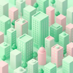 isometric illustration of a dense urban city, lots of tall buildings and trees, pastel green and pastel pink colors, fun, soft, highly detailed, 3d render, playful, sharp lines, toon shader