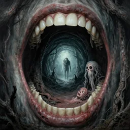 tunnel in a monster mouth, creepy, spooky, epic scene, surrealism, art by peter mohrbacher, tsutomu nihei, h. r. giger and zdzisław beksinski