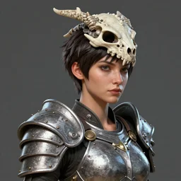 hyper detailed substance painted 3 d full body turnaround character portrait of a woman with a pixie cut and dragon inspired armor with a realistically proportioned face in a dragon skull helmet, photorealistic eyes, good value control, smooth, realistic shading, realistic face details, painted texture maps, good colors, illustration, substance painter, ultra realistic, very highly detailed, segmented armor