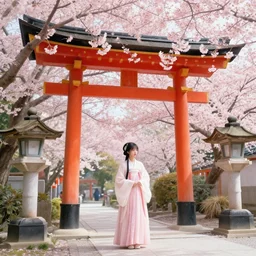 a beautiful picture of flower blooming, shrine, girl in hanfu, by greg rutkowski and thomas kinkade, trending on artstation
