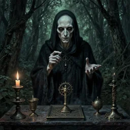 portrait of a lovecraftian cultist next to an occult altar in a forest by andreas achenbach