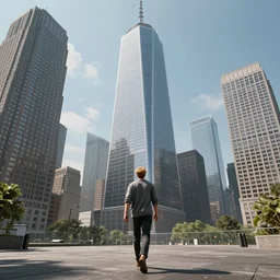 blond man larger than skyscrapers walks around the city, ground view, highly detailed, digital art, sharp focus, super realistic, octane render