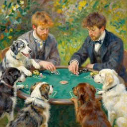 a dream - like oil painting by renoir of dogs playing poker