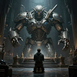 sci fi cyberpunk fantasy art a man prays at the altar to the god of machines, by greg rutkowski ultrahd dark volumetric lighting hyper detailed unreal engine octane render