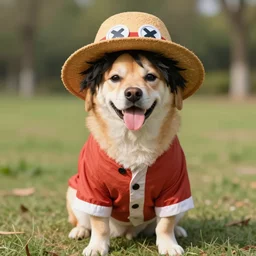 dog cosplaying Luffy from one piece