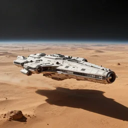 a single large spaceship seen from the surface of a desert planet, sparsely populated, star wars, star citizen digital art, trending on art station