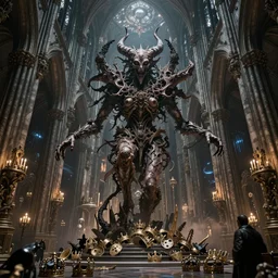 an evolution of evil, ornate cathedral interior, abstract, decay, giger textures, h. r. giger infinitely complex detail, by antoine wiertz and noah bradley, ascension, pile of crowns, interstellar civilisation, the underground night life of occult city is booming, visually stunning, cinematic, ultra realistic, hyper realism, 1 2 k, epic, octane render, unreal engine, vfx, maya