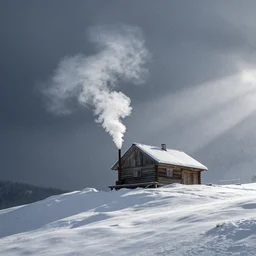 a cabin on a hill, smoke rising from the pipe, snowstorm, winter, by alex andreev