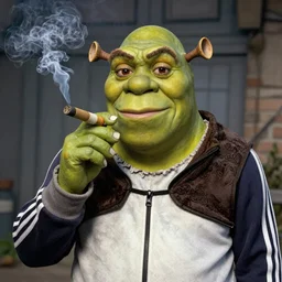 shrek with gollum face in adidas tracksuit smokes bong