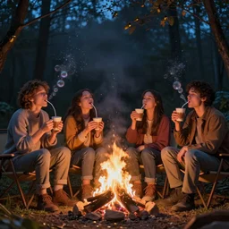 friends sitting around a campfire drinking hot chocolate and burping up iridescent fireflies. 8K, art station, ultra realism.