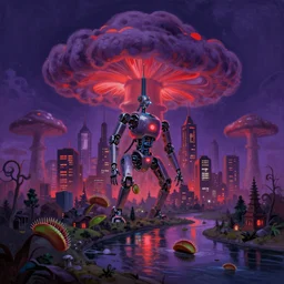 a beautiful painting of a venusflytrap robotic city, shining its neon lights across a river between a massy mushroom style big cloud, trending on artstation., purple and red color scheme