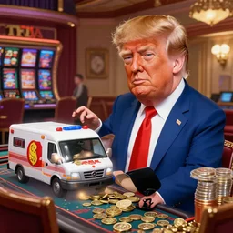 newest best meme about trump, caricature style, old people at a casino, ambulance, coins