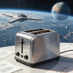 toaster with plans in foreground and a vast space scene in the background, including a starship and a planet, science fiction, digital painting, 4k, 8k, concept art, detailed, smooth, sharp focus, illustration, art by Artgerm