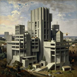 classical landscape paintings of brutalist concrete structures, masterpiece, insanely detailed and intricate, hypermaximalist, by eugene von guerard