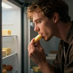 ethan van sciver licking a stick of butter from the fridge at night, dramatic lighting