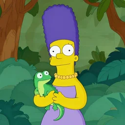 marge simpson with silver hair holding a lizard in a jungle, in the movie saving private ryan