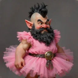 perfectly - portrait of a dwarf warrior character with a pink tutu, black mohawk and huge beard, intricate, highly detailed, digital painting, loose brush strokes, realistic shaded lighting, artstation, concept art, smooth, sharp focus, illustration, realism, oil painting, unreal engine 5, 8 k, art by sam spratt and peter mohrbacher