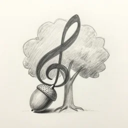 a pencil drawing of an acorn that turns into a tree in the shape of a treble clef with a bit of shading, rustic and simple