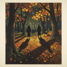 ancient beings, autumn, beautiful leaves, by gediminas pranckevicius, dark shadows, woodblock, complementary - colors, olive oil, creme brule, poster, polished, discovering enlightenment, by james gilleard, third persion view