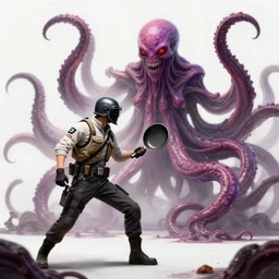 pubg soldier in pubg helmet with frying pan fighting an eldrich horror with tentacles as unimaginably beautiful, gorgeous, elegant soldier, anime, manga, kim jung gi, irakli nadar, intricate linework, unreal engine 5, radiant light, detailed