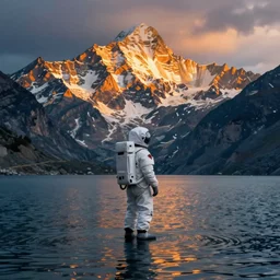 an astronaut standing in the water of Lake Baikal and looking at the mountains