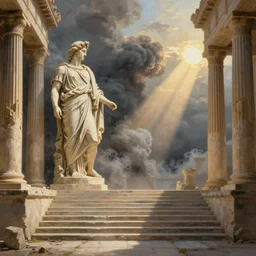 painting of the inside of an ancient greek temple, large statue of apollo, heavy smoke, stairway leading down, dawn, visible god rays, trending on artstation, extremely detailed