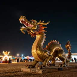 firebreathing dragon statue at a festival in the desert at night, wide angle, F 1.4
